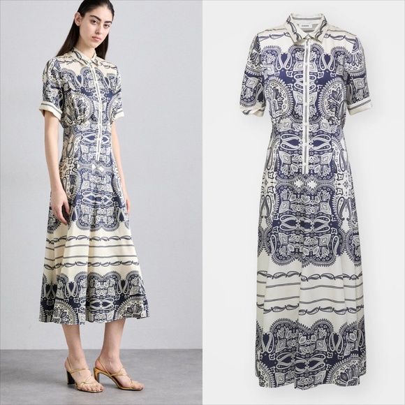 Sandro patterned paisley scarf print Marine beige midi dress NO OFFERS - Picture 4 of 11